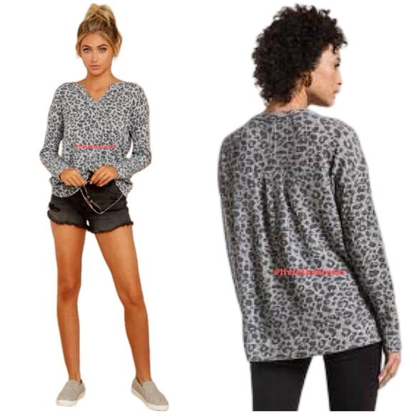 #T82 Z Supply Split Neck Thermal Top Leopard Print SZ M $69 - Picture 3 of 14